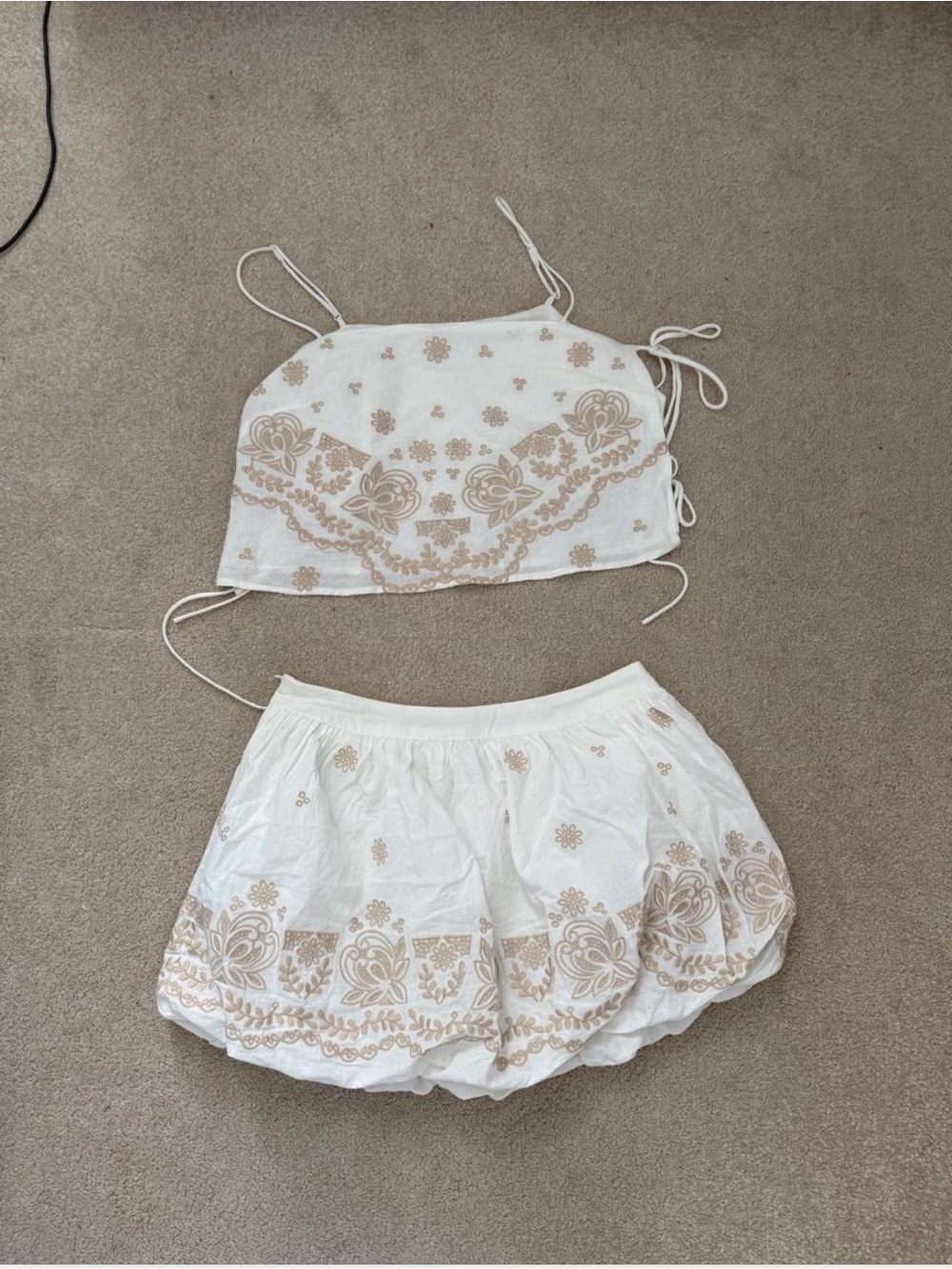 White Two-Piece Embroidered Crop Top & Mini Skirt Set - Beige Floral